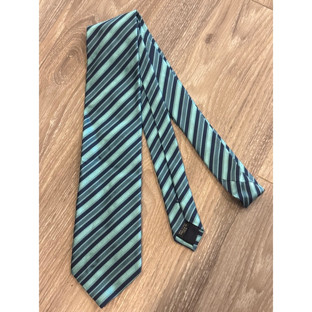 Canali Mens Silk Tie Teal Green Navy Blue Striped Made in Italy Designer Necktie
